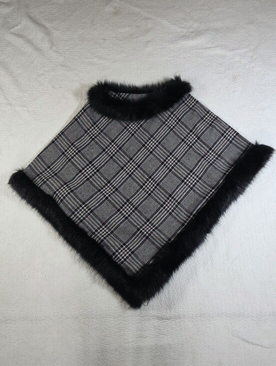 Cherie Bliss Sweaters - Cherie Bliss Gray Plaid Black Faux Fur Trim Poncho
